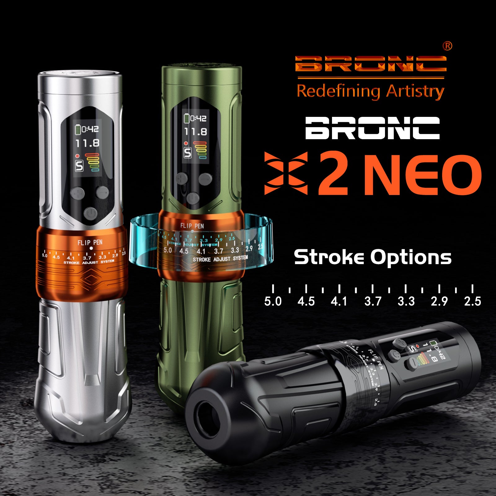 BRONC X2 NEO – UPGRADED 7.1 MNM ADJUSTABLE WIRELESS TATTOO PEN