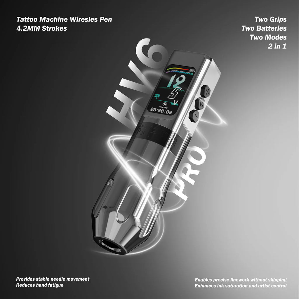 INKSOUL® TATTOO MACHINE WIRESLES PEN 4.2MM STROKES TWO GRIPS TWO BATTERIES TWO MODES 2 IN 1 | HV6 PRO