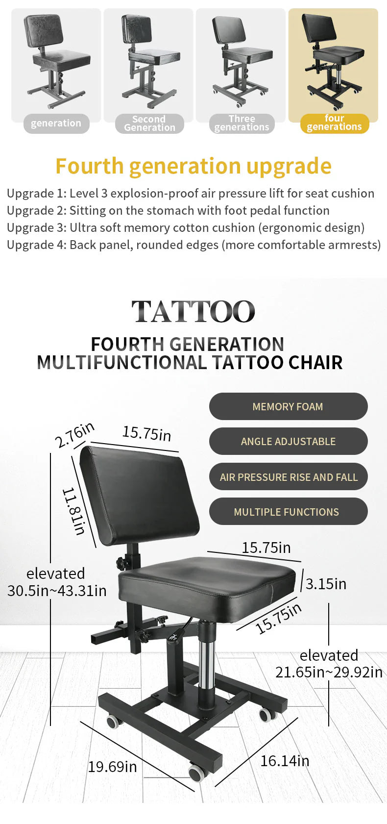 Inksoul NOUVELLE CHAISE DE TATOUAGE PNEUMATIQUE AMÉLIORÉE LIFTABLE