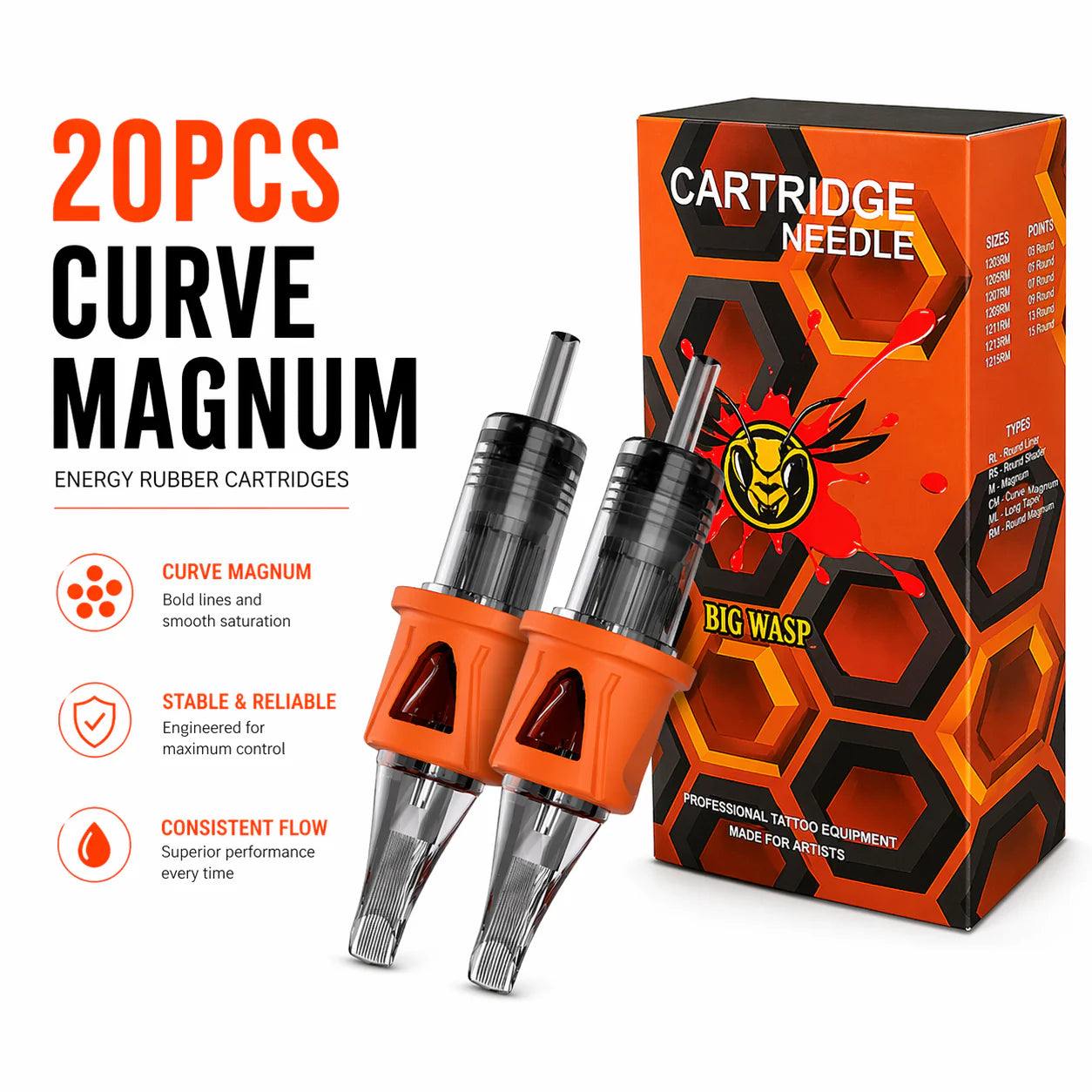 BIGWASP ENERGY RUBBER NEEDLES – CURVE MAGNUM TATTOO CARTRIDGES