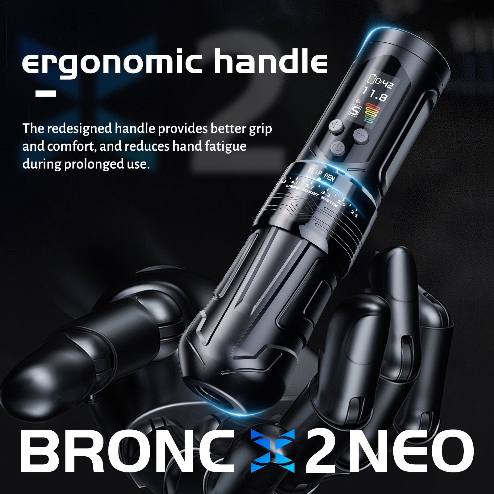BRONC X2 NEO – UPGRADED 7.1 MNM ADJUSTABLE WIRELESS TATTOO PEN