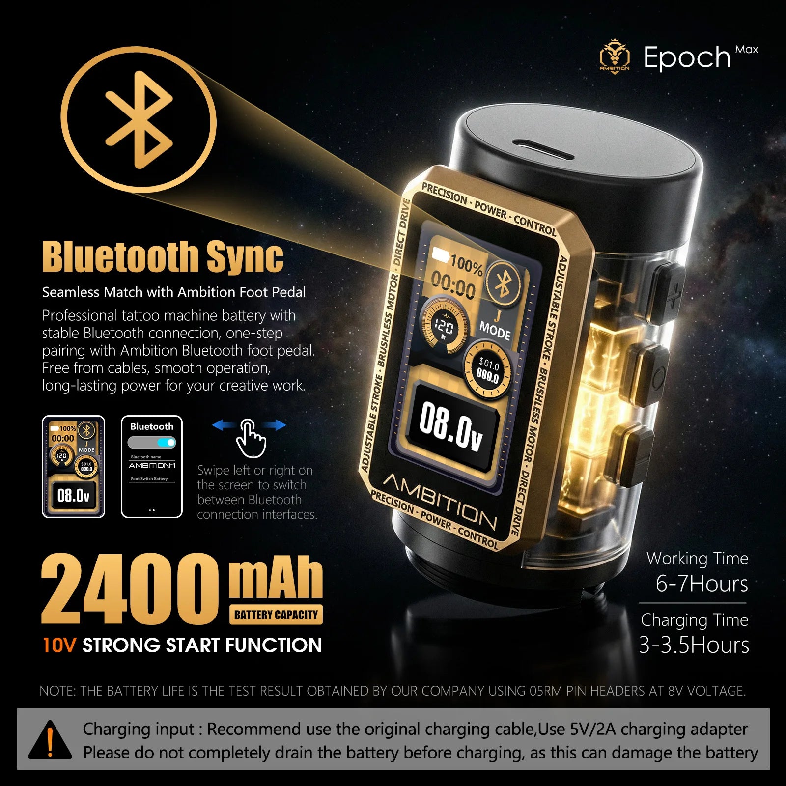 ambition epoch max wireless tattoo pen machine with 9 strokes length 1.0mm-5.0mm